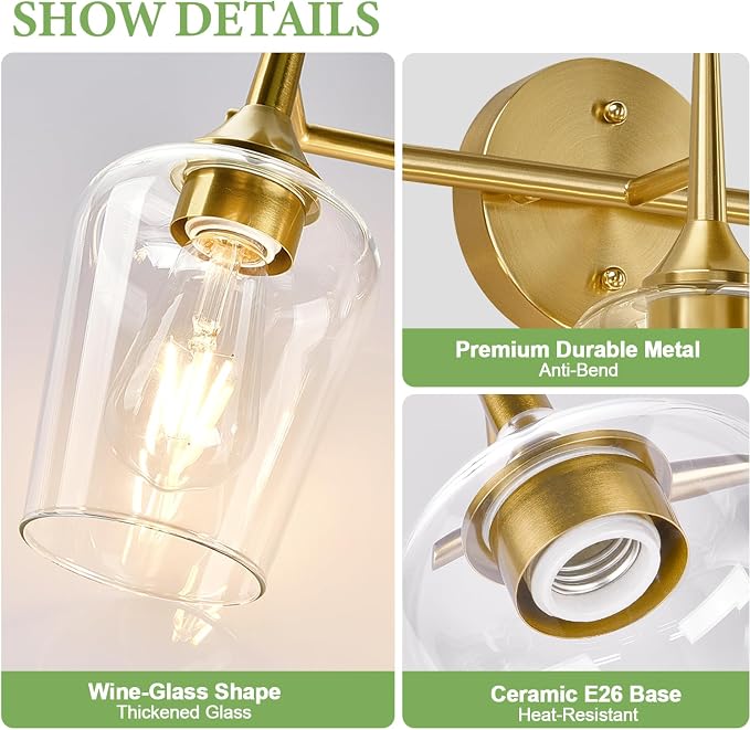 MOKATNG 3-Light Bathroom Light Fixtures, 19.5 Inch Brushed Gold Vanity Lights - Image 3