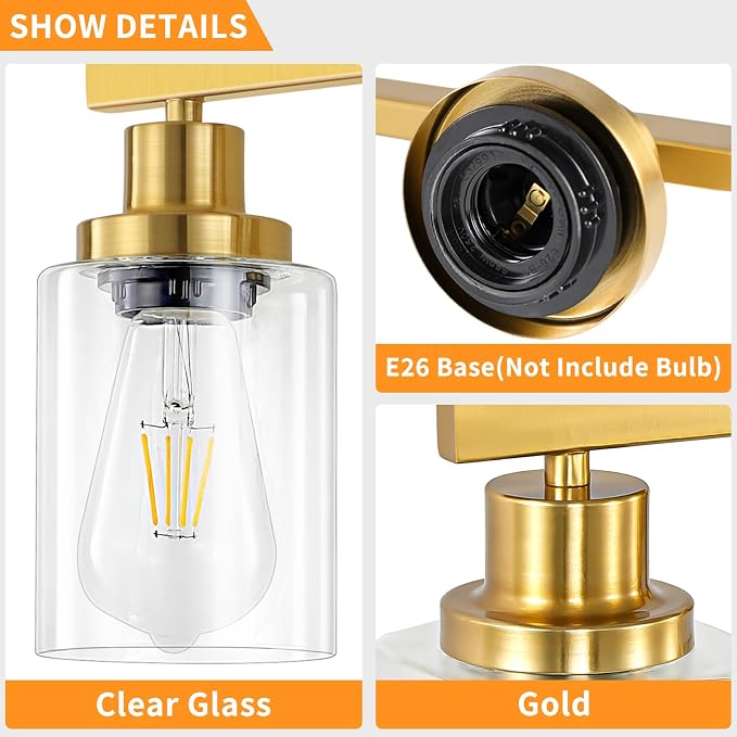 3 Light Gold Bathroom Light Fixtures, Bathroom Vanity Light Over Mirror - Image 4