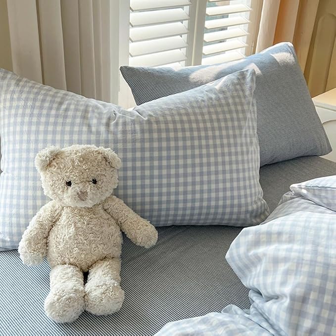 Nayoroom Gingham Duvet Cover Twin Size Blue White Plaid Checkered Comforter - Image 7