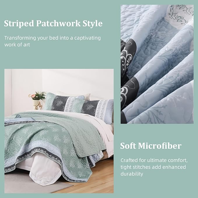 DJY Stripe Quilt Set King Size Sage Green Bedspread Coverlet Set 3 Pieces Boho - Image 7