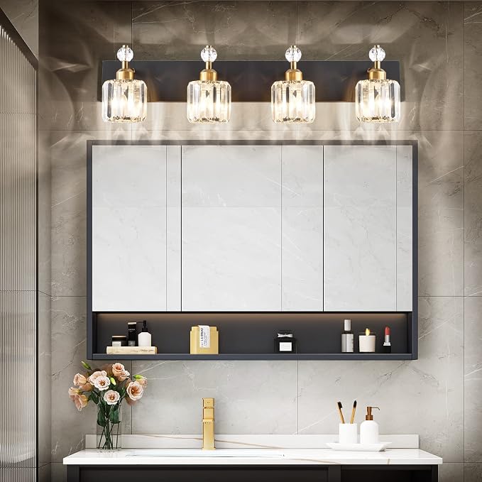 PRESDE 4-Light Crystal Bathroom Vanity Light, Modern Black and Gold Bathroom - Image 3