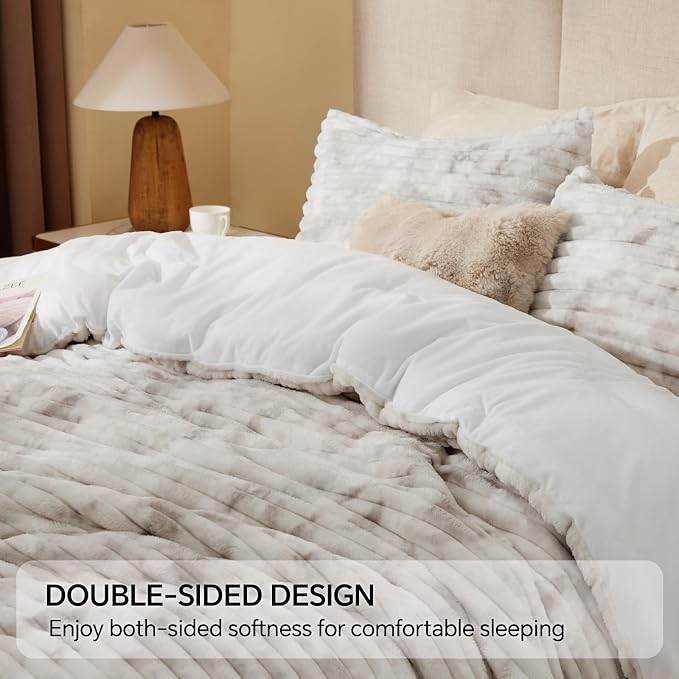 BEDELITE Fleece Full Comforter Set -Super Soft & Warm Fluffy Grey&White Bedding - Image 5