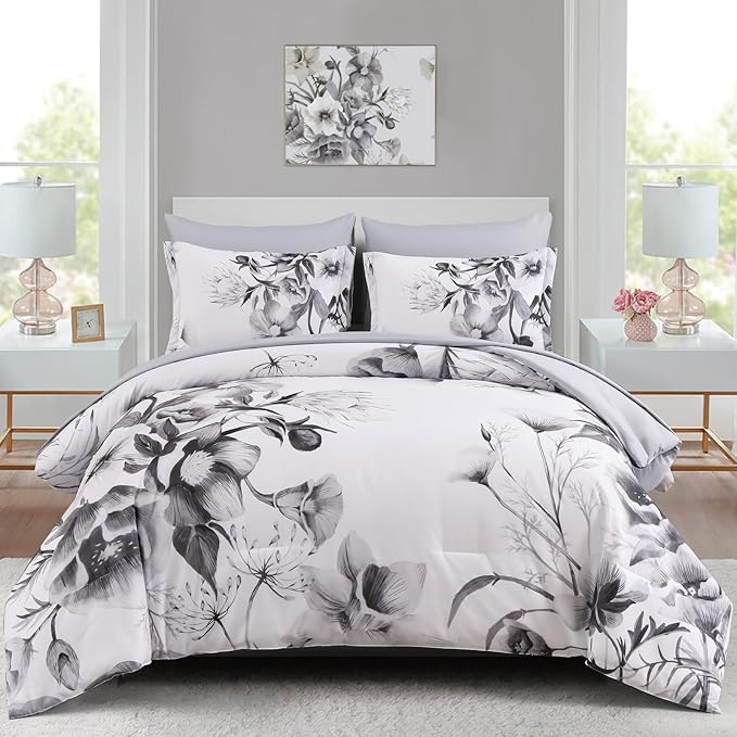 Luxudecor Floral Comforter Set Twin Size 5 Piece, Elegant Ink Comforter Bedding by Luxudecor