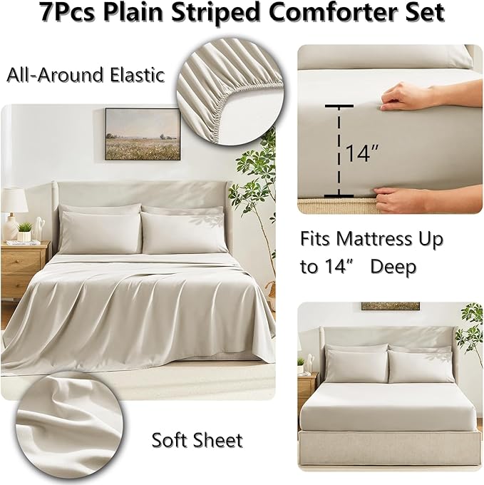 CozyLux California King Comforter Sets Oatmeal, 7 Pieces Cal King Bed in a Bag - Image 5