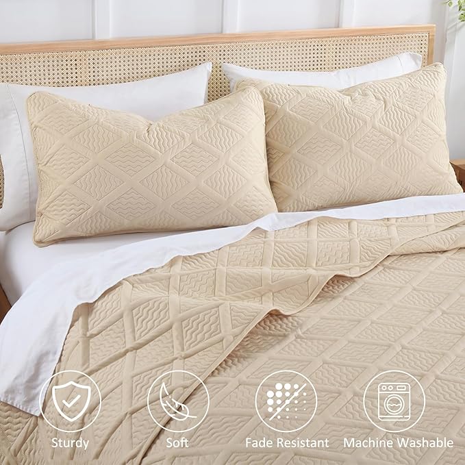 Yiran Camel Quilt Set King Size, 3 Piece Reversible Bedspreads Bedding Set - Image 4