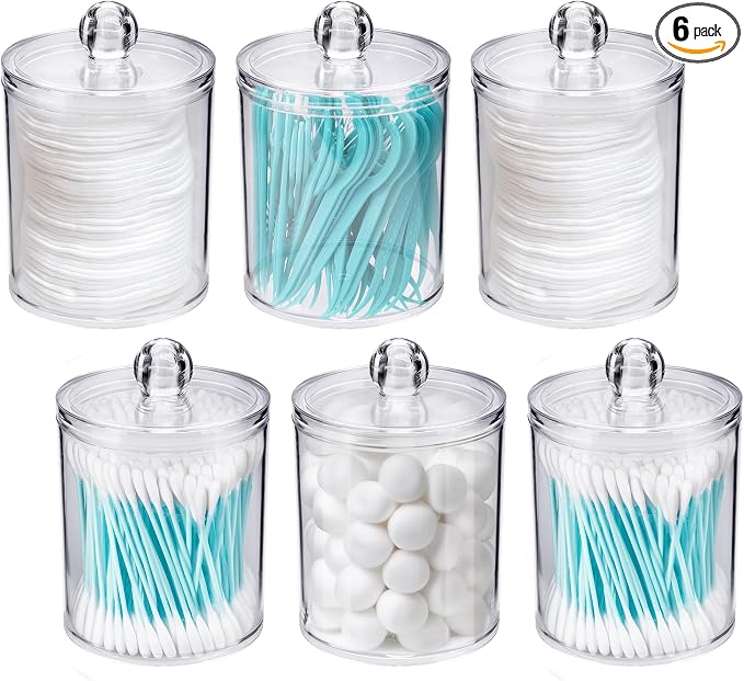 WEISHI 6 Pack Qtip Holder Dispenser -Cotton Ball, Round Pads, Small Clear by WEISHI