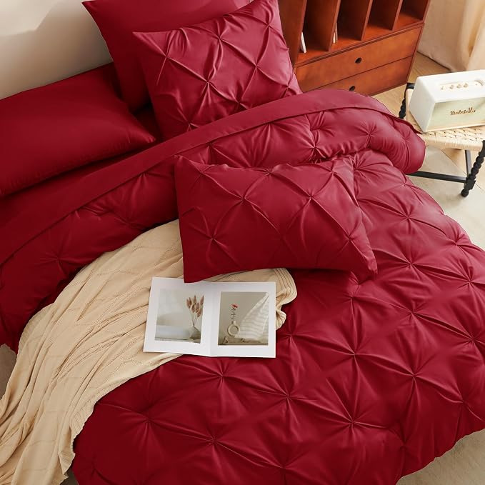 HIMEET Pintuck Bed in a Bag, 7 Pieces King Size Comforter Set Dark Red - Image 4