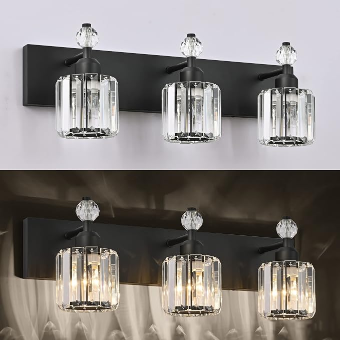 PRESDE Crystal 3 Light Bathroom Vanity Lights Modern Matte Black Bathroom - Image 5