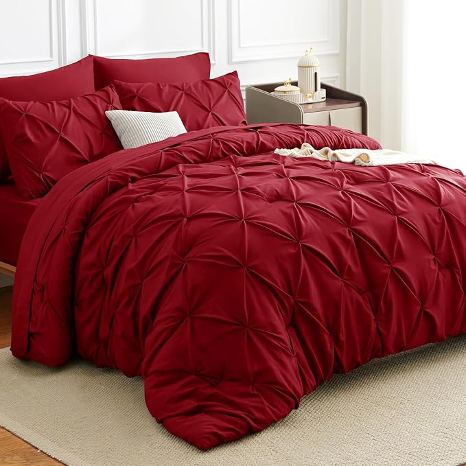 HIMEET Pintuck Bed in a Bag, 7 Pieces King Size Comforter Set Dark Red by Unknown