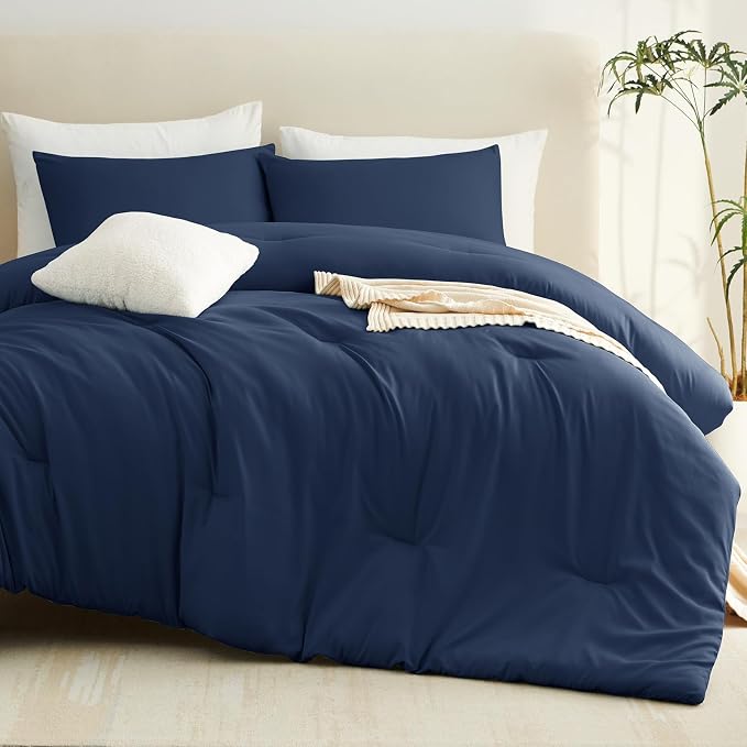 CozyLux Super King Plus Comforter Set Navy Blue, 3 Pieces 128x120 Solid - Image 7