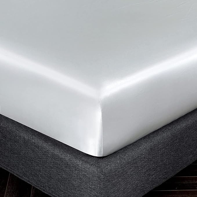 Homiest White Satin Fitted Sheet Queen Size, Deep Pocket, Luxury & Ultra Soft - Image 3