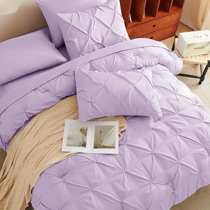 HIMEET Pintuck Bed in a Bag, 7 Pieces Full Size Comforter Set Lavender - Image 4