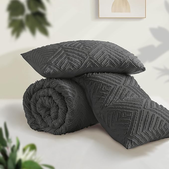 Andency Dark Grey Comforter Set Queen, 3 Pieces Tufted Farmhouse Shabby Chic - Image 3