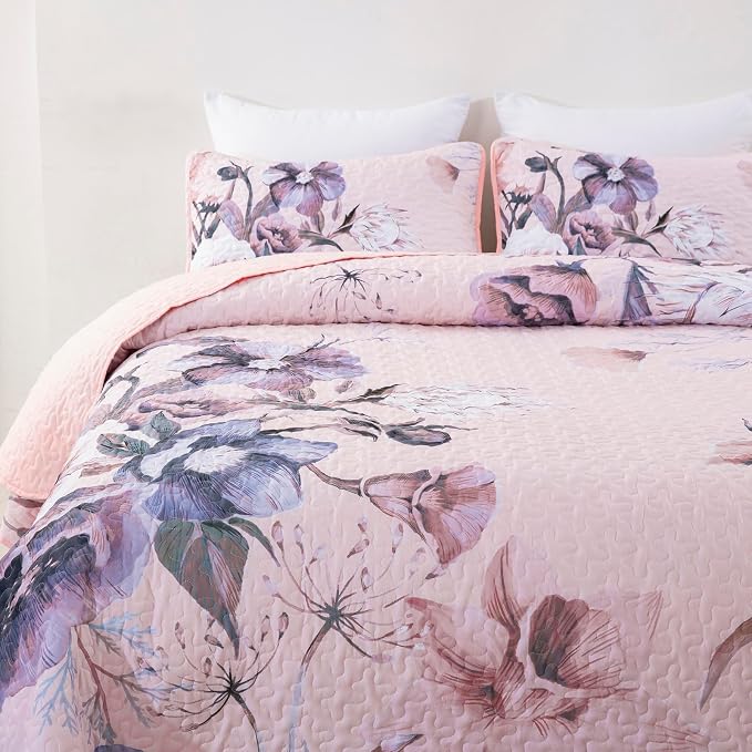 Floral Quilt Set King 3 Pieces Pink Floral Quilt Coverlet Set Soft Microfiber - Image 4