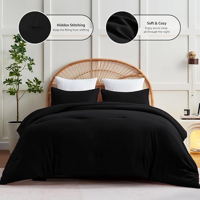 CozyLux Queen Comforter Set Black, 3 Pieces Solid Comforters Queen Size - Image 3