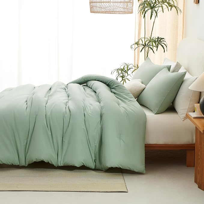 CozyLux Sage Green Queen Comforter Set, 3 Pieces Solid Breathable Quilted - Image 8