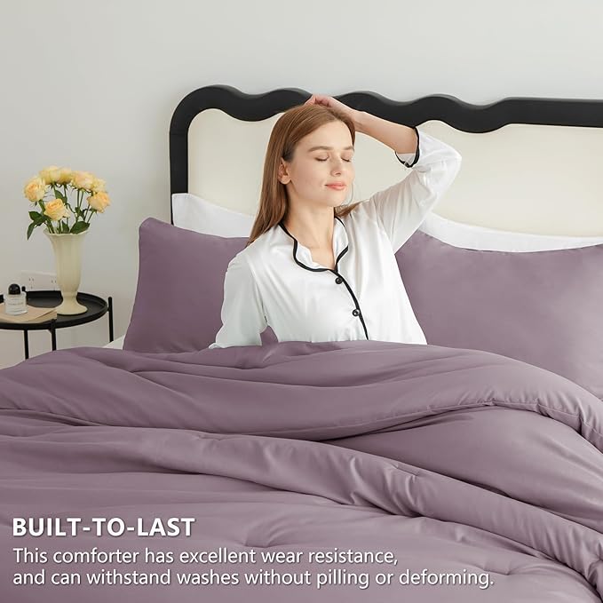 CozyLux King Size Comforter Set Dusty Purple, 3 Pieces Solid Comforters King - Image 3
