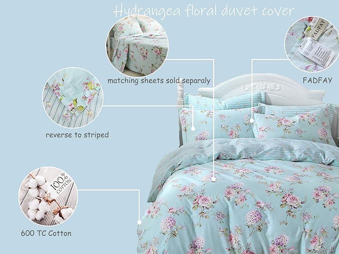 FADFAY Cotton Duvet Cover Set Full Size Blue Floral Bedding Set Super Soft - Image 2
