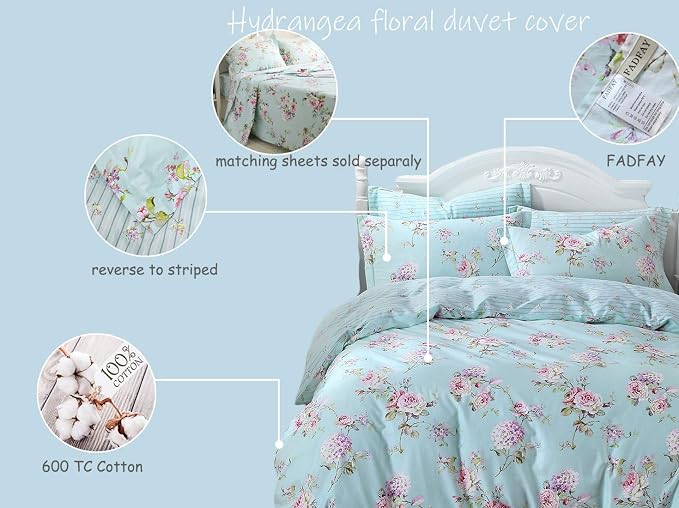 FADFAY Floral Duvet Cover Queen 100% Cotton Blue Green Farmhouse Bedding Super - Image 4