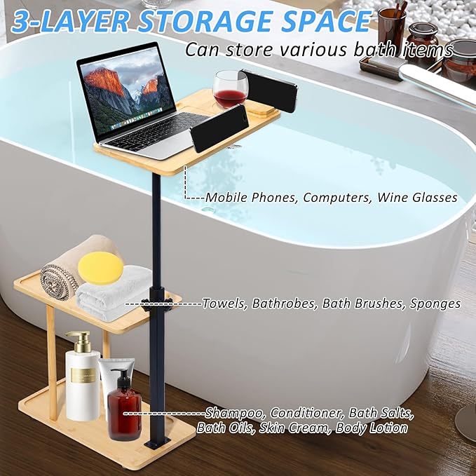 3 Layer Bath Tub Tray Table Liftable Freestanding Bamboo Bath Tray Caddy - Image 5