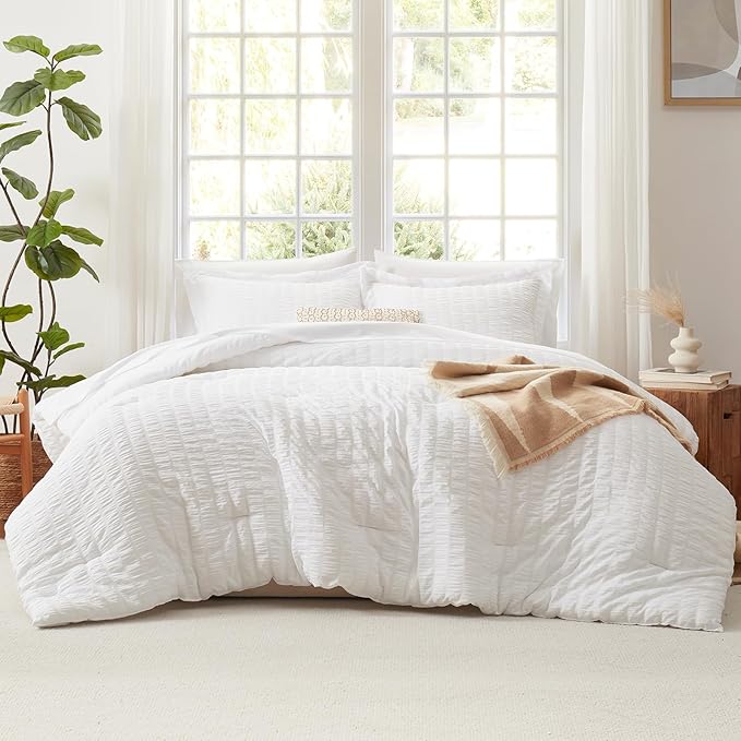 CozyLux King Size Comforter Set White Seersucker 7 Pieces Bed in a Bag King - Image 3