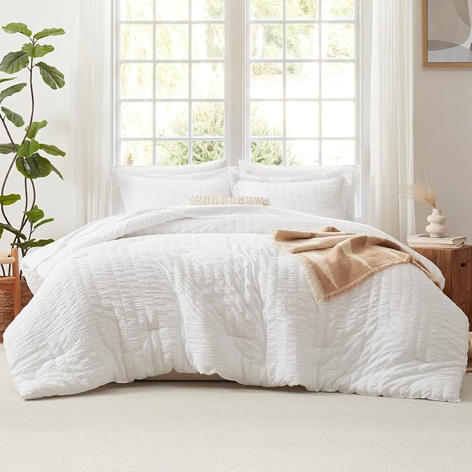 CozyLux Oversized King Comforter Set White Seersucker 7 Pieces 120x98 Bed in a - Image 3