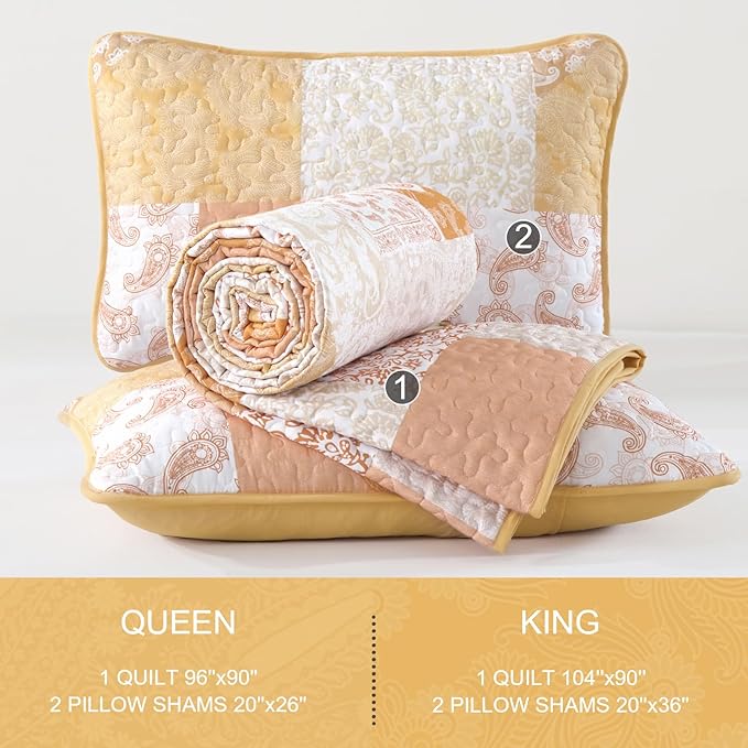 Mybedsoul Yellow Patchwork Quilts Queen Size, Soft Paisley Floral Queen - Image 7