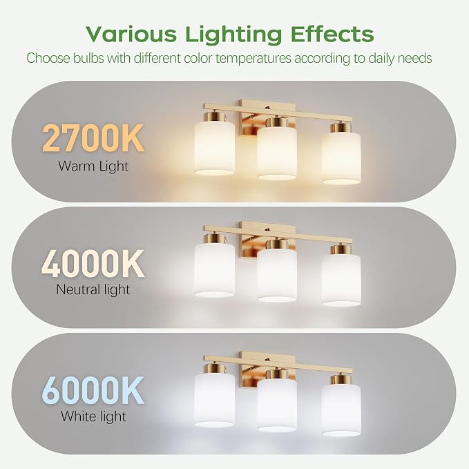 PARTPHONER 3-Light Brushed Gold Bathroom Light Fixtures, Modern Vanity Light - Image 6