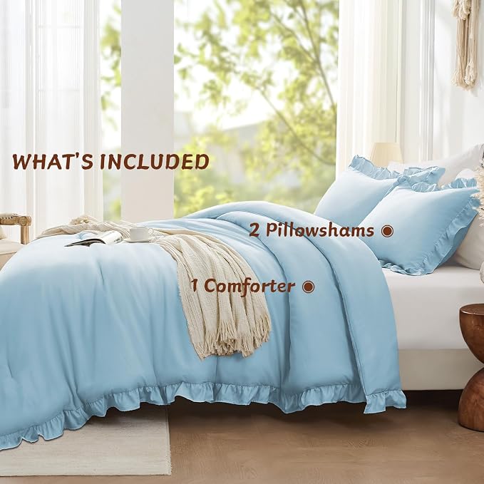 FUANNA King Size Comforter Set Light Blue, 3 Pieces Ruffle King Bedding Set - Image 5