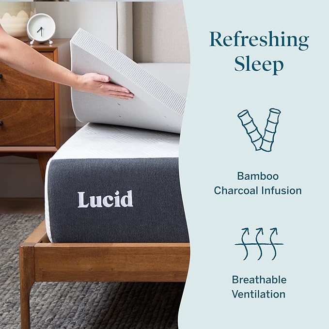 Lucid 2 Inch Bamboo Charcoal Infused Memory Foam Mattress Topper - Image 2
