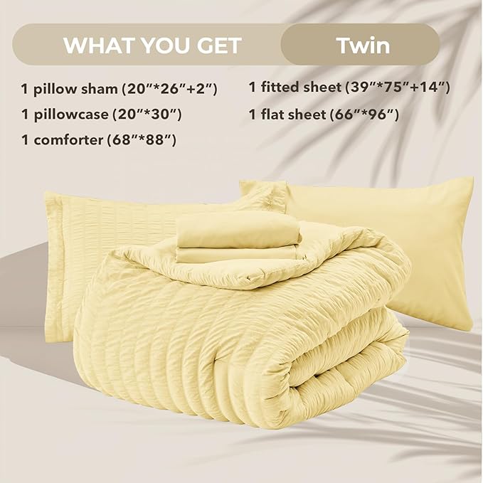 HYMOKEGE Yellow Twin Comforter Set Seersucker 5 Pieces, All Season Luxury Bed - Image 6