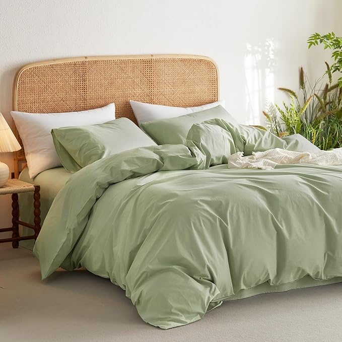 Wake In Cloud - Cotton Duvet Cover Set, King Size, Sage Green, 100% Washed - Image 3