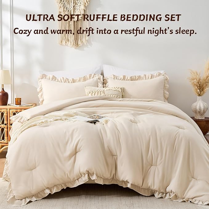 FUANNA Twin Comforter Set Beige, Ruffle Shabby Chic Twin Bed Set, Fluffy - Image 3