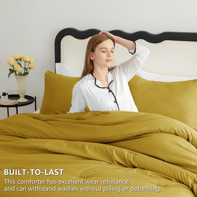 CozyLux Full Size Comforter Set Mustard Yellow, 3 Pieces Solid Breathable - Image 3
