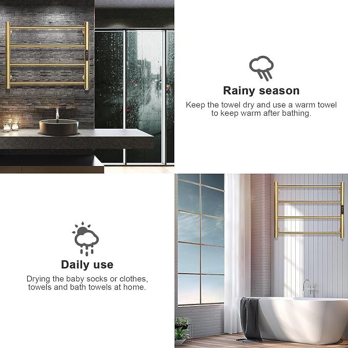 Heated Towel Rack Gold, 4 Bars Towel Warmer Rack - Image 8