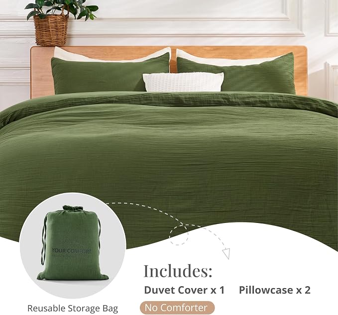 Green Duvet Cover Queen Size, 100% Sandwashed Cotton Soft Queen Duvet Cover Set - Image 6