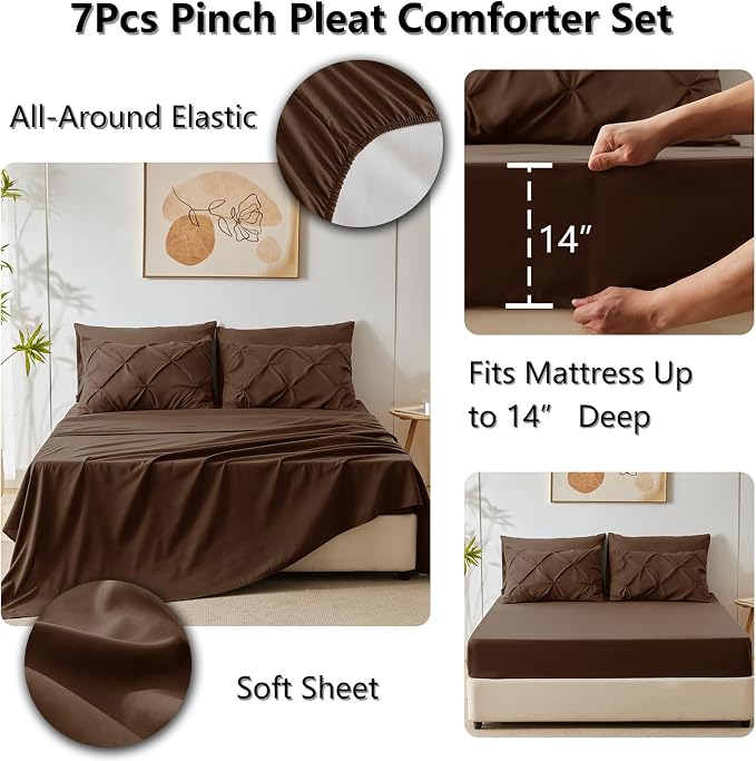 CozyLux Full Size Comforter Sets Brown, 7 Pieces Pintuck Bed in A Bag Brown - Image 6