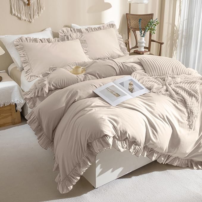 QSH 3Pcs Washed Cotton Ruffle Duvet Cover King Size - Image 2