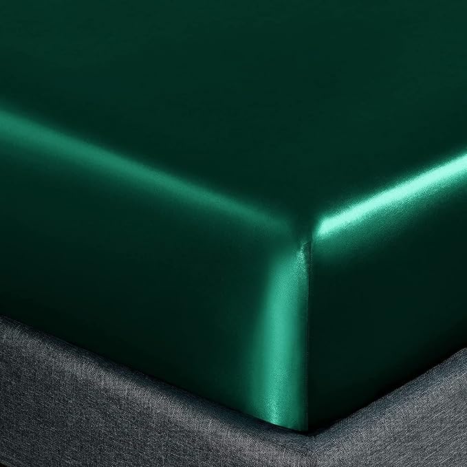 Homiest Blackish Green Satin Fitted Twin XL Size Bed Sheet, Deep Pocket - Image 3
