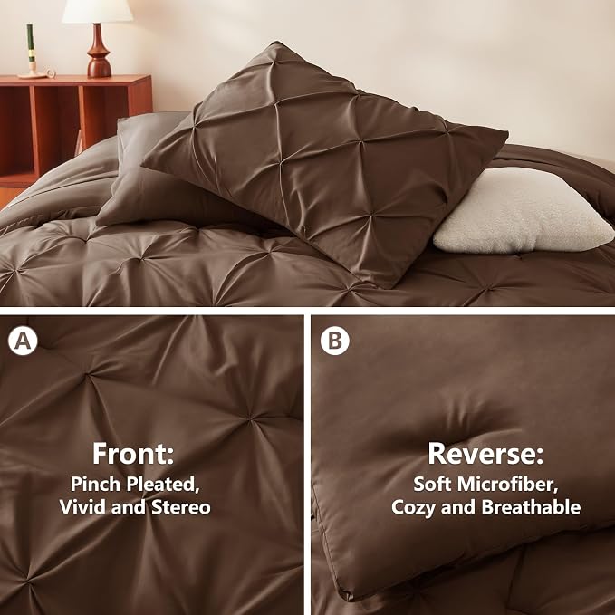 CozyLux Full Size Comforter Sets Brown, 7 Pieces Pintuck Bed in A Bag Brown - Image 3