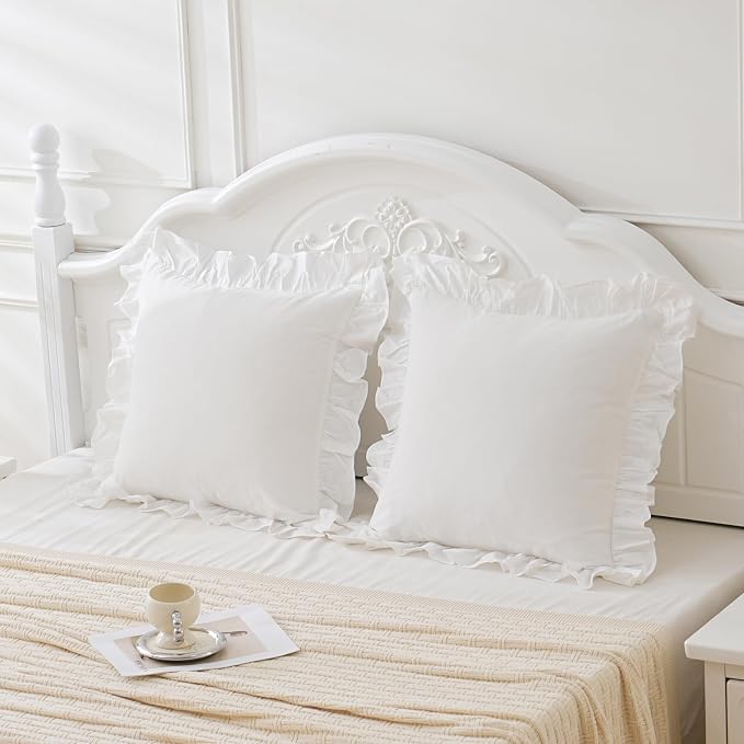 Vintage Off White Ruffle Euro Shams Shabby Farmhouse Pillow Cover 100% Washed - Image 3