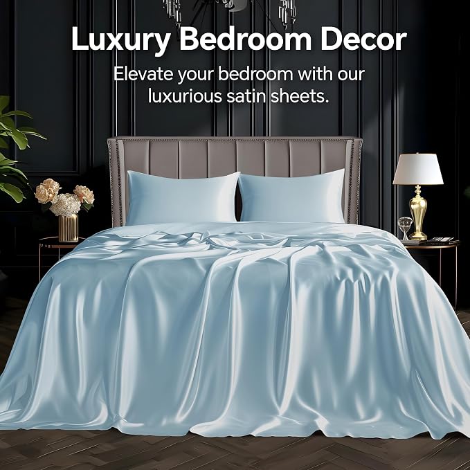 BEDELITE California King Sheets Set, Luxury Soft Light Blue Satin Sheets - Image 2