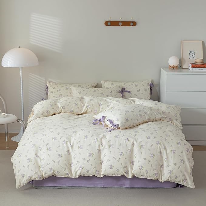 mixinni Lavender Flower Duvet Cover King Cotton Teenage Girls Flower Leaf Print by mixinni