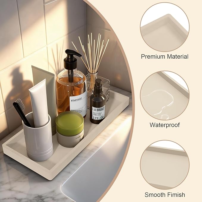 Bathroom Vanity Tray Beige, Silicone 11.8 x 5 Inch Toilet Tank Tray Decor - Image 2