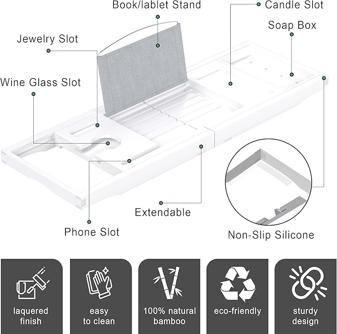 Foldable Bathtub Caddy Tray for Tub, Bamboo Expandable Bath Table Trays - Image 5
