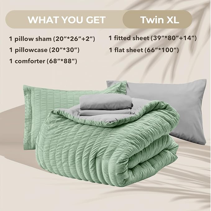 HYMOKEGE Sage Green/Light Grey Twin XL Comforter Set Seersucker 5 Pieces - Image 6