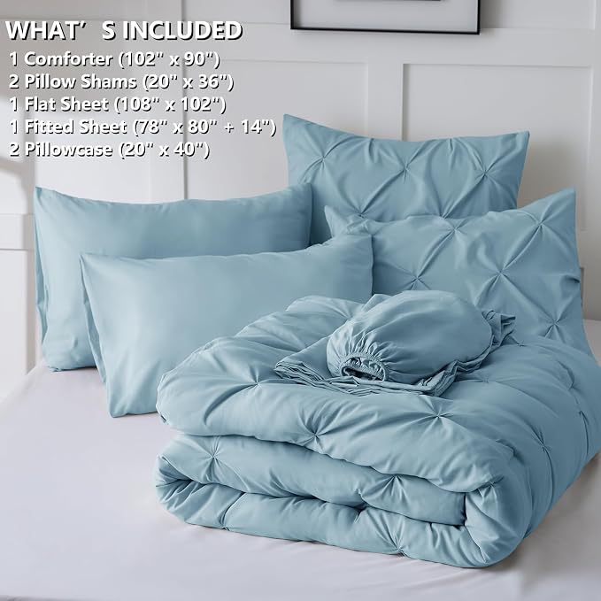 HIMEET Pintuck Bed in a Bag, 7 Pieces King Size Comforter Set Light Blue - Image 8