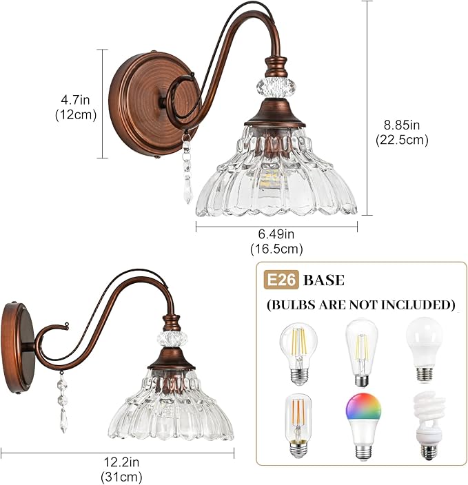 1 Piece Vintage Wall Sconce, 1-Light Matte Antique Red Bronze Finish Wall Sconce - Image 6