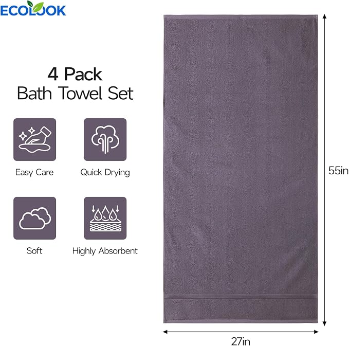 ecolook Bath Towels Set of 4, 100% Cotton, 27 x 55 Inches, Quick-Drying & - Image 3