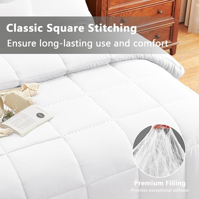 CozyLux Super King Plus Comforter Set, 3 Pieces White 128x120 Box Stitched - Image 2